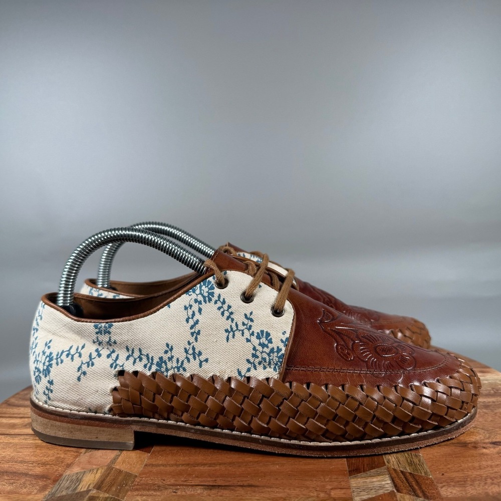 Laidback London Woven Leather Floral Tooled Canvas Huarache Oxford Shoes 39